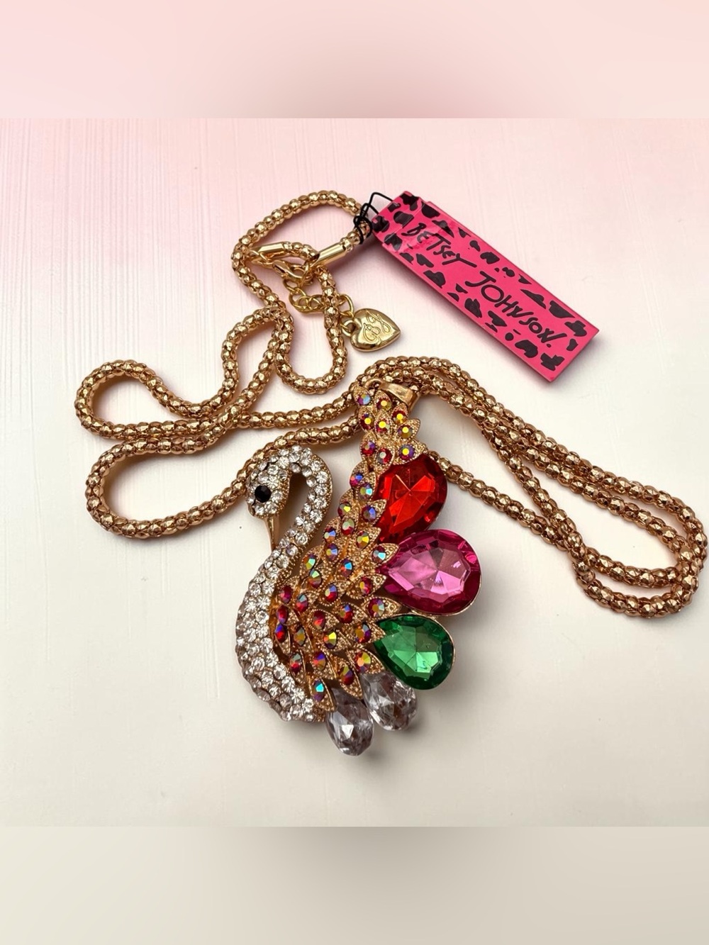 Betsey Johnson Gold Swan Necklace with Multicolored Crystal Teardrops